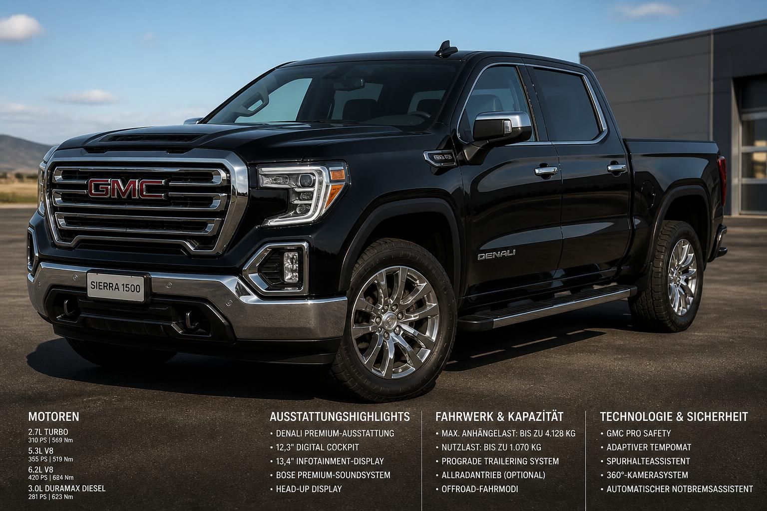 entdecken sie die technischen daten, motoren und ausstattungsmerkmale des gmc sierra 1500. erfahren sie alles über leistung, komfort und innovative features des beliebten pickup-trucks.