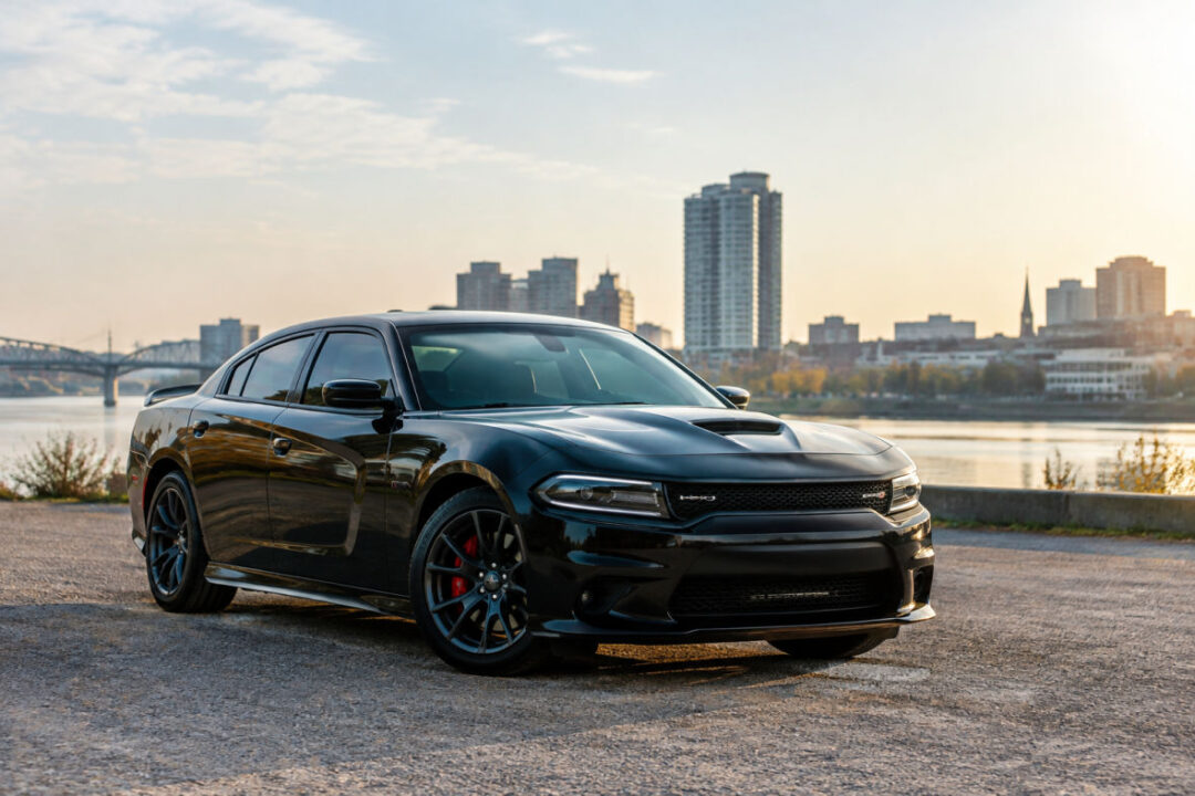 Dodge Charger mieten: schwarzer Sportwagen vor einer Mietwagenstation in der Stadt