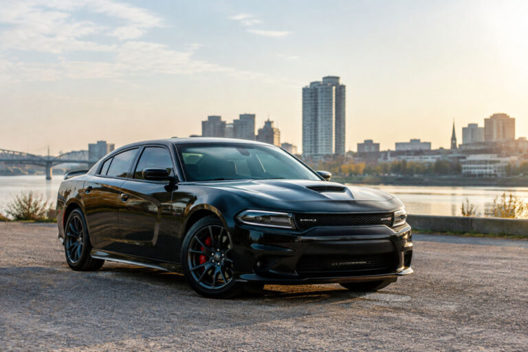 Dodge Charger mieten: schwarzer Sportwagen vor einer Mietwagenstation in der Stadt