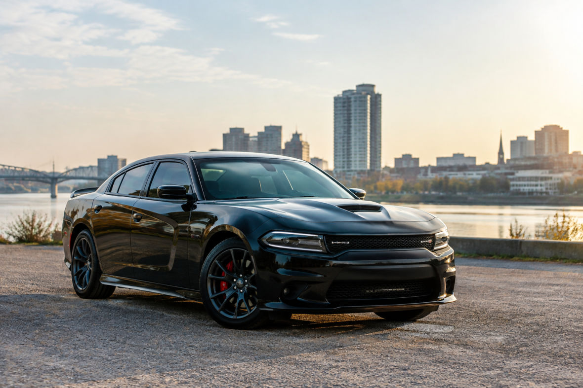 Dodge Charger mieten: schwarzer Sportwagen vor einer Mietwagenstation in der Stadt