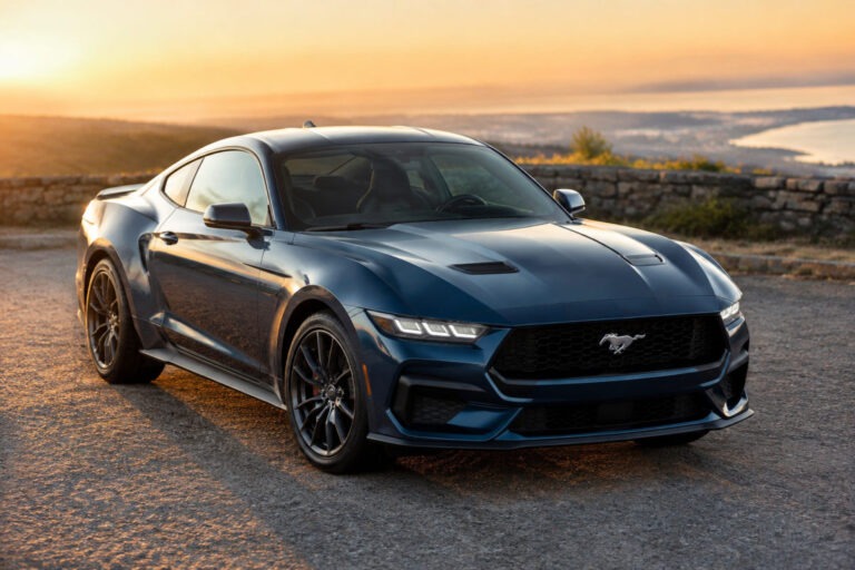 Ford Mustang 2026 Preise und Ausstattung: rotes Coupé in seitlicher Ansicht auf Landstraße