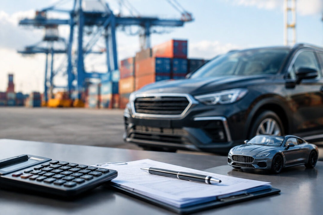 Taschenrechner und Zollpapiere neben US-Pickup im Hafen: Auto Einfuhr USA Zoll berechnen