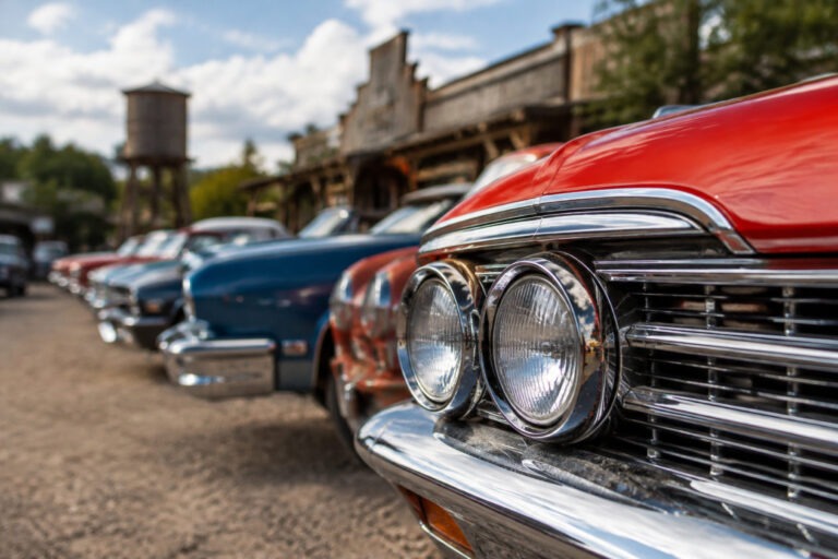 Glänzende amerikanische Oldtimer beim US Car Treffen Pullman City vor Westernkulisse