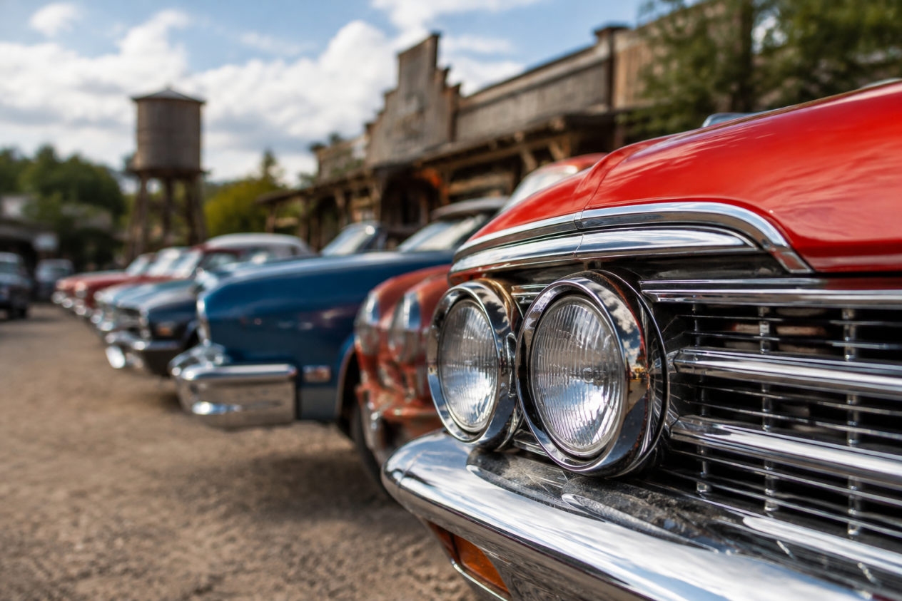 Glänzende amerikanische Oldtimer beim US Car Treffen Pullman City vor Westernkulisse